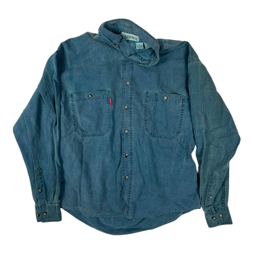Vintage Bugle Boy Shirt Mens Medium Blue Denim Long Sleeve Snap Front Casual